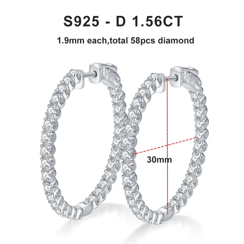 Moissanite Hoop Örhängen 2 mm D VVS1 för kvinnor i S925 Silver 18K vitguldpläterade