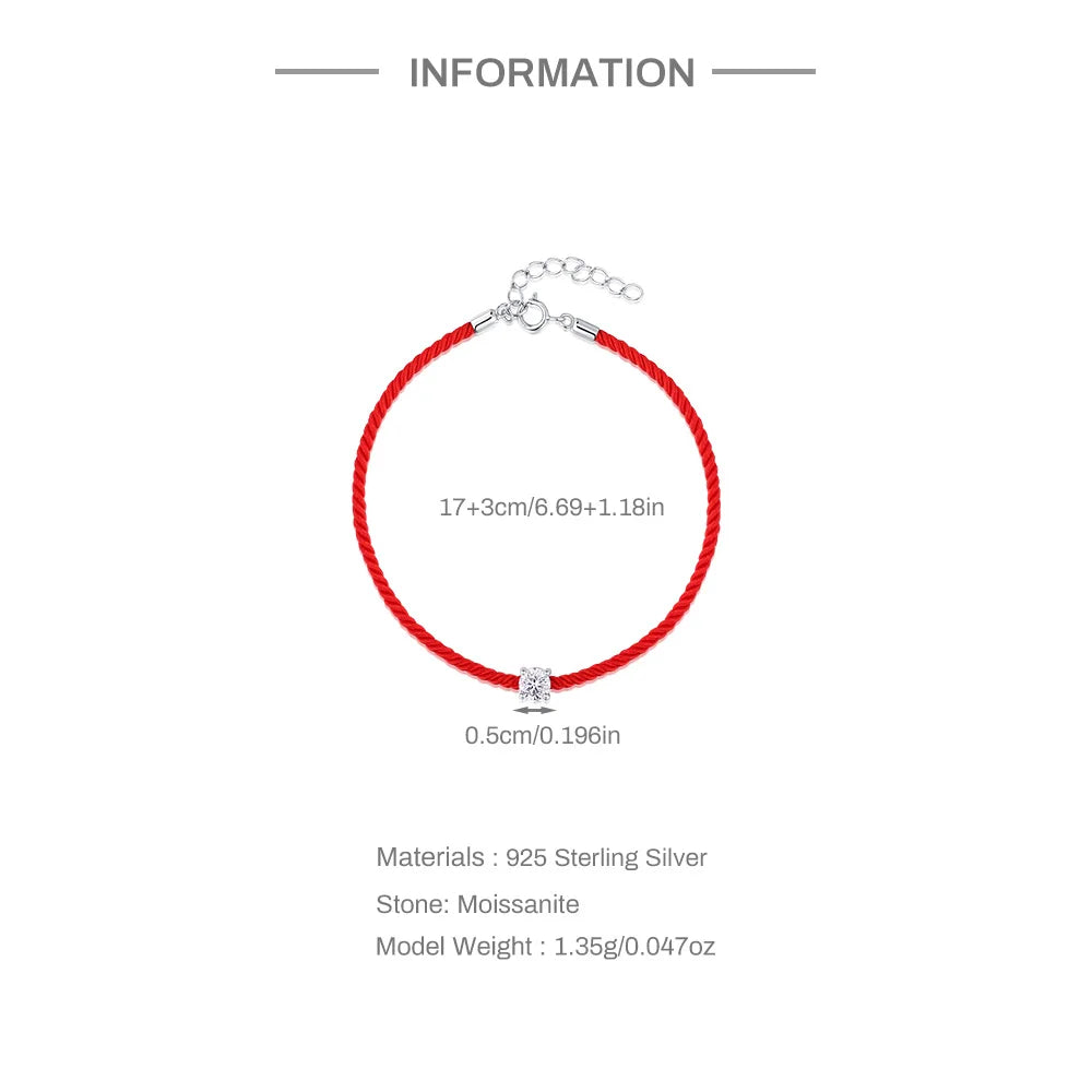 925 Silver Moissanite Diamond Red Rope Armband för kvinnor